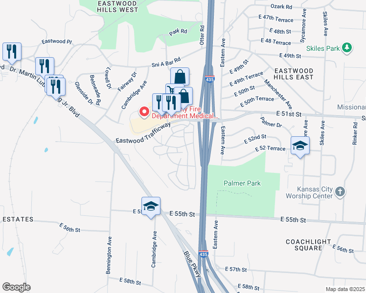 map of restaurants, bars, coffee shops, grocery stores, and more near 7000 Crabapple Lane in Kansas City