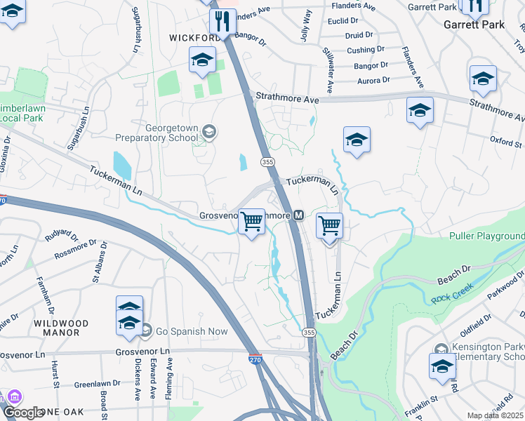 map of restaurants, bars, coffee shops, grocery stores, and more near 10500 Rockville Pike in Rockville