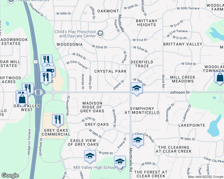 map of restaurants, bars, coffee shops, grocery stores, and more near 5421 Roundtree Street in Shawnee