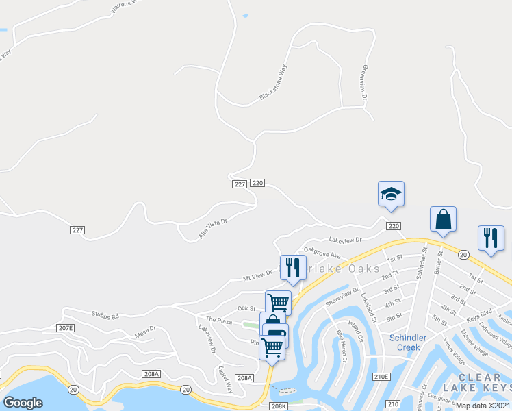 map of restaurants, bars, coffee shops, grocery stores, and more near 12403 Alta Vista Drive in Clearlake Oaks