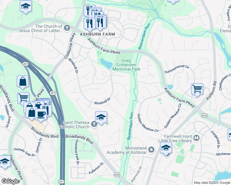map of restaurants, bars, coffee shops, grocery stores, and more near 21233 Greenbrier Court in Ashburn