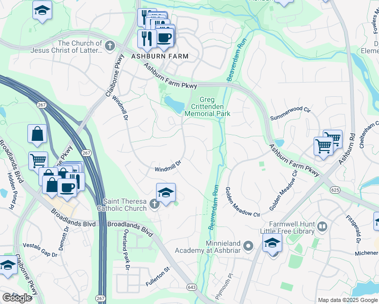 map of restaurants, bars, coffee shops, grocery stores, and more near 21233 Greenbrier Court in Ashburn