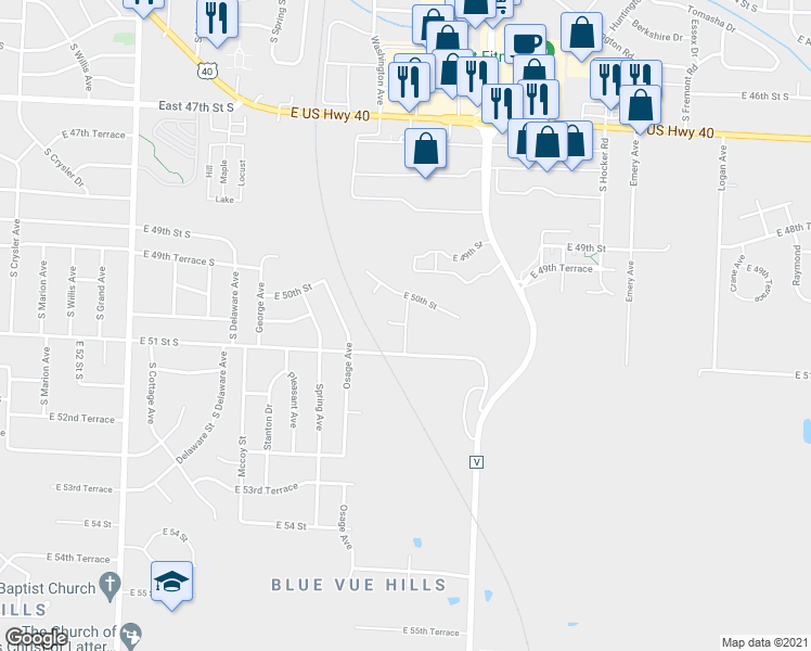 map of restaurants, bars, coffee shops, grocery stores, and more near Pebble Ave in Kansas City