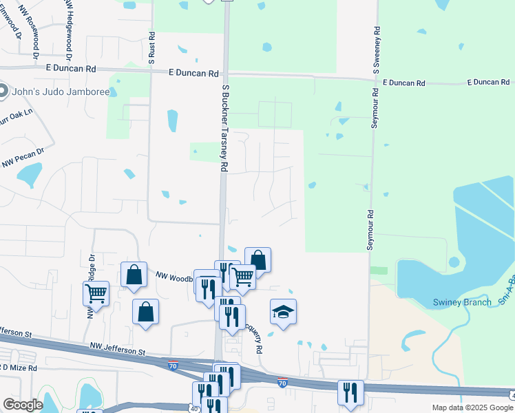 map of restaurants, bars, coffee shops, grocery stores, and more near 1403 Northeast Mary Court in Grain Valley