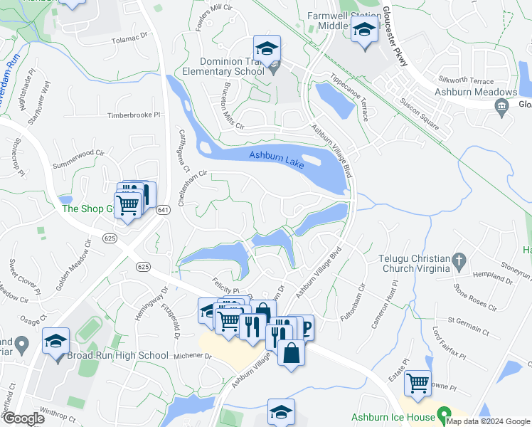 map of restaurants, bars, coffee shops, grocery stores, and more near 21200 Andreas Court in Ashburn