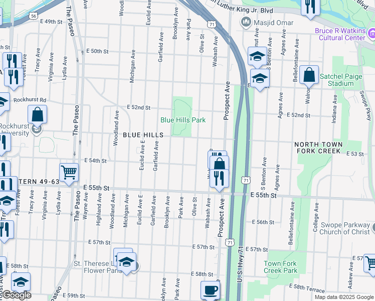 map of restaurants, bars, coffee shops, grocery stores, and more near 5300 Park Avenue in Kansas City
