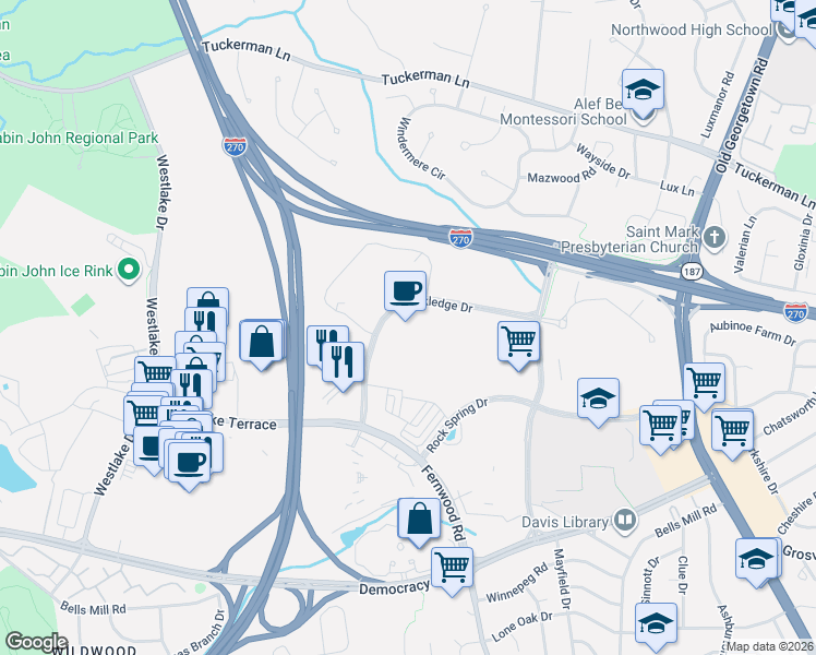 map of restaurants, bars, coffee shops, grocery stores, and more near 6720 Rockledge Drive in Bethesda