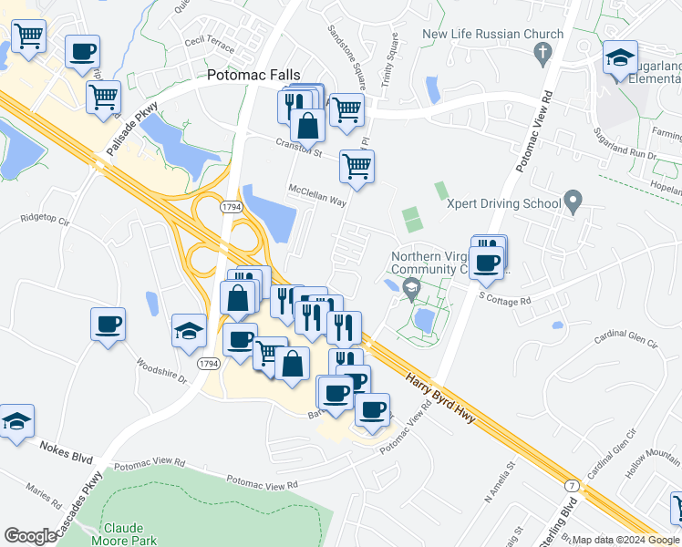 map of restaurants, bars, coffee shops, grocery stores, and more near 21282 McFadden Square in Potomac Falls