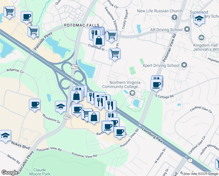 map of restaurants, bars, coffee shops, grocery stores, and more near 21282 McFadden Square in Sterling