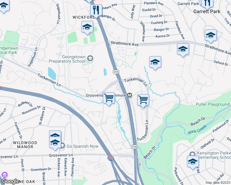 map of restaurants, bars, coffee shops, grocery stores, and more near 10500 Rockville Pike in Rockville