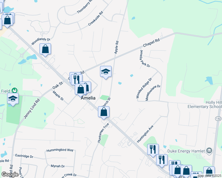 map of restaurants, bars, coffee shops, grocery stores, and more near 5 East Main Street in Amelia