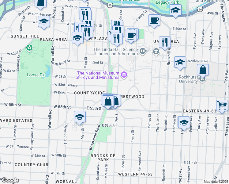 map of restaurants, bars, coffee shops, grocery stores, and more near 5316 Oak Street in Kansas City