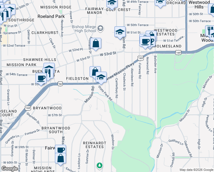 map of restaurants, bars, coffee shops, grocery stores, and more near 5440 Windsor Lane in Fairway