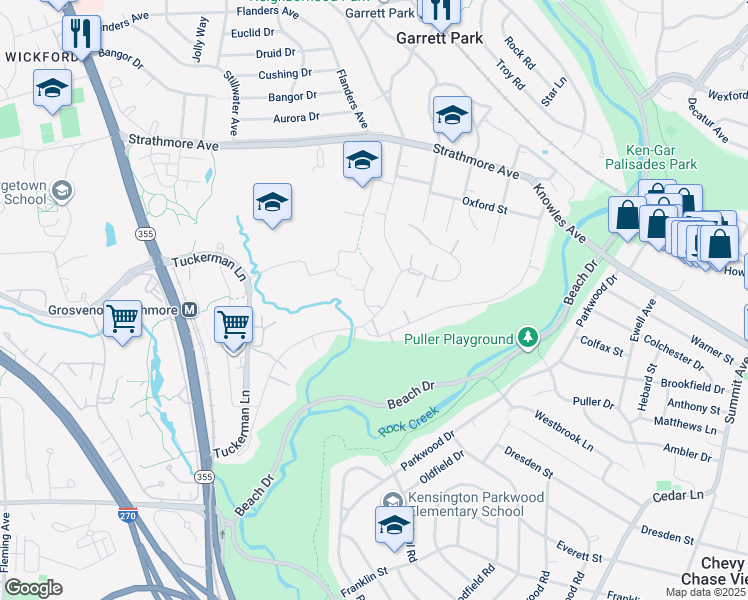 map of restaurants, bars, coffee shops, grocery stores, and more near 10524 Weymouth Street in Bethesda