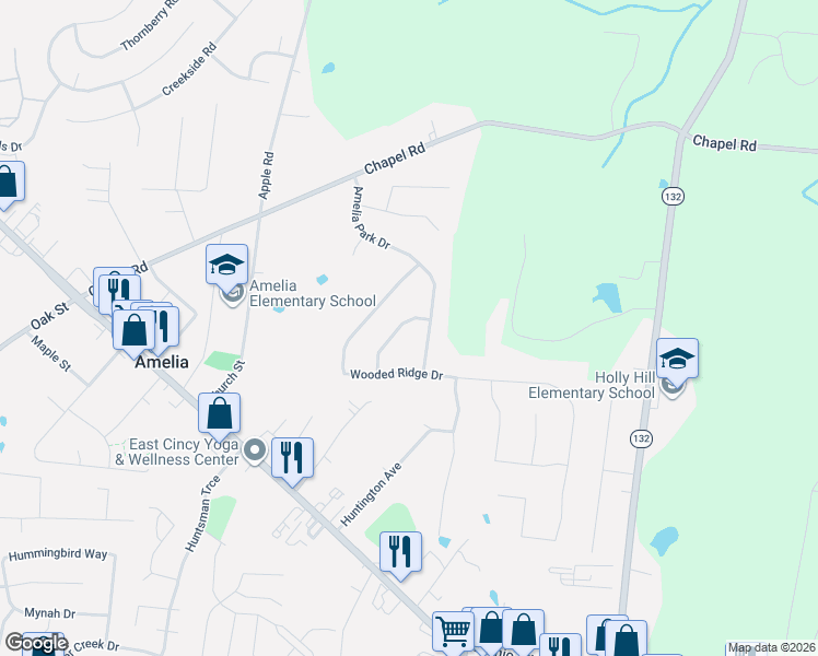 map of restaurants, bars, coffee shops, grocery stores, and more near 14 Wooded Ridge Drive in Amelia
