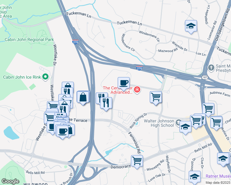 map of restaurants, bars, coffee shops, grocery stores, and more near 6903 Rockledge Drive in Bethesda