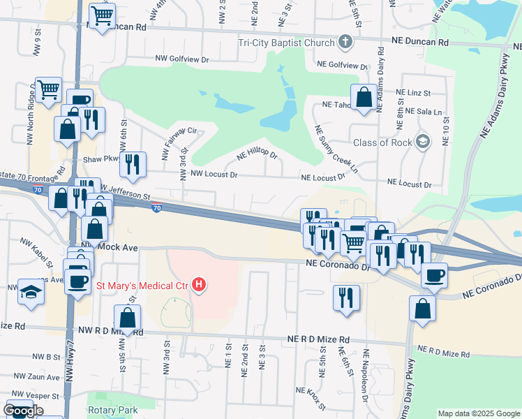 map of restaurants, bars, coffee shops, grocery stores, and more near 219 Northeast Cedar Court in Blue Springs