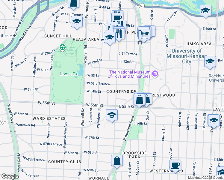 map of restaurants, bars, coffee shops, grocery stores, and more near 17 West 53rd Terrace in Kansas City