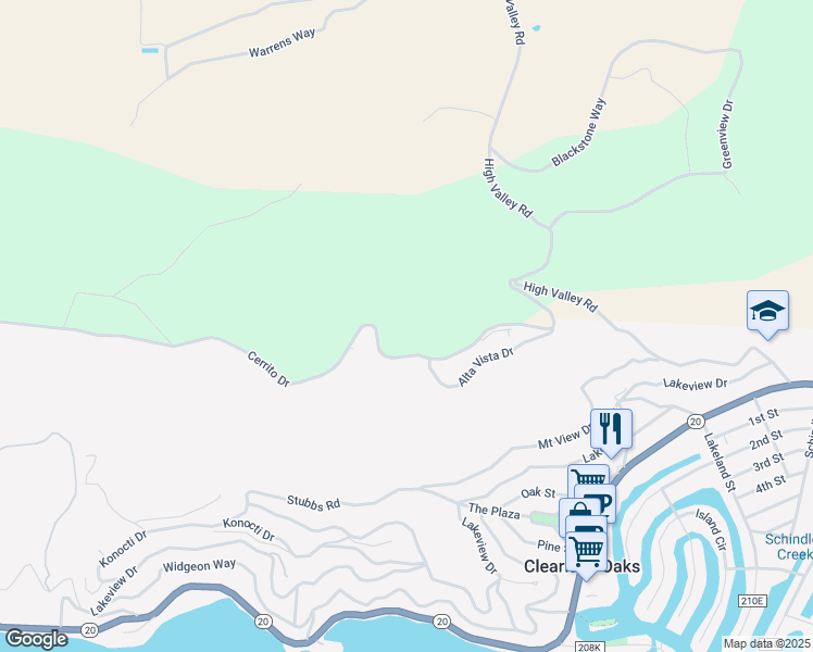 map of restaurants, bars, coffee shops, grocery stores, and more near 12220 Cerrito Drive in Clearlake Oaks