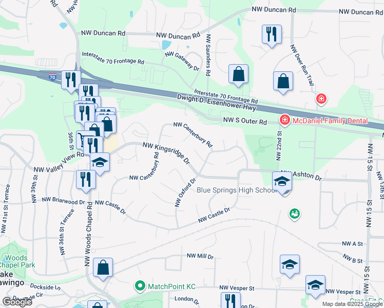 map of restaurants, bars, coffee shops, grocery stores, and more near 2720 Northwest Pembroke Place in Blue Springs