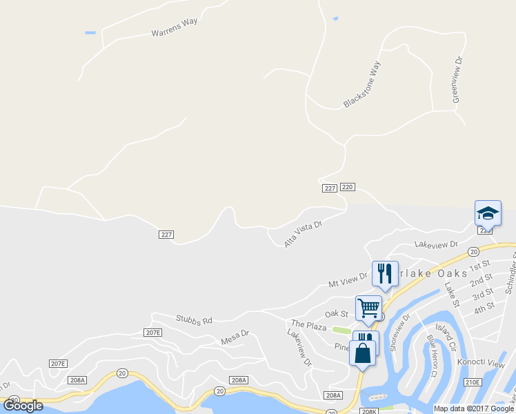 map of restaurants, bars, coffee shops, grocery stores, and more near 12230 Cerrito Drive in Clearlake Oaks