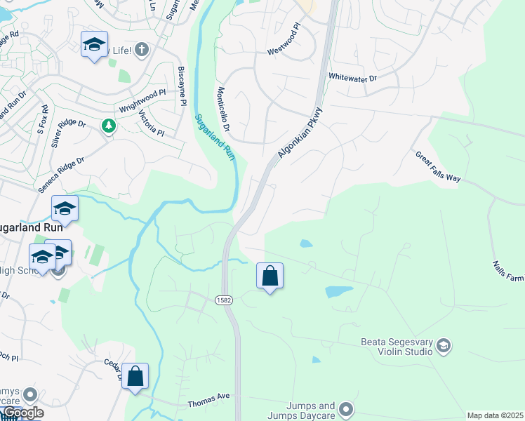 map of restaurants, bars, coffee shops, grocery stores, and more near 21179 Millwood Square in Sterling