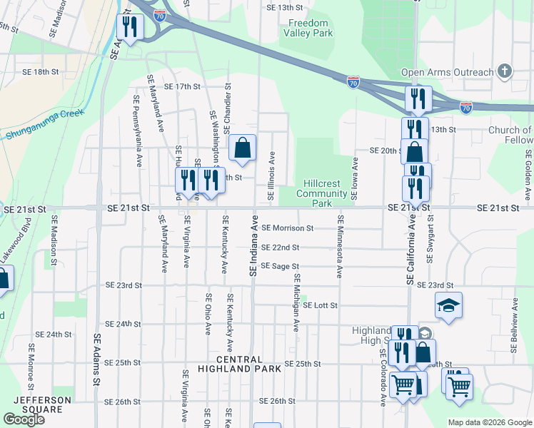 map of restaurants, bars, coffee shops, grocery stores, and more near 2008 Southeast Illinois Avenue in Topeka