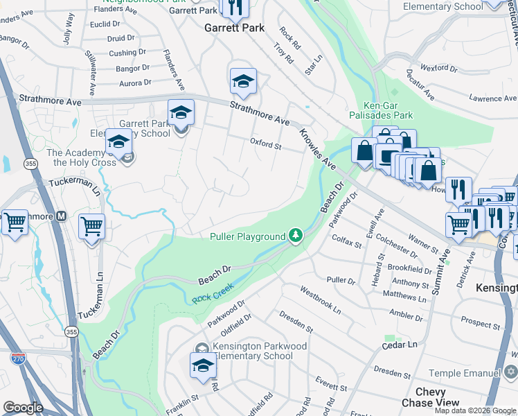 map of restaurants, bars, coffee shops, grocery stores, and more near 10662 Weymouth Street in Bethesda
