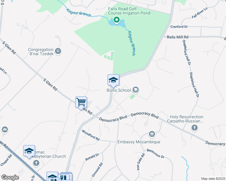 map of restaurants, bars, coffee shops, grocery stores, and more near 10601 Falls Road in Potomac