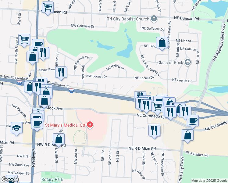 map of restaurants, bars, coffee shops, grocery stores, and more near 202 Northeast Cedar Court in Blue Springs