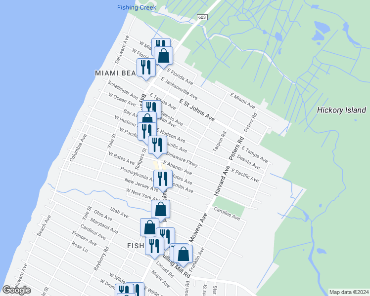 map of restaurants, bars, coffee shops, grocery stores, and more near 39 East Pacific Avenue in Villas