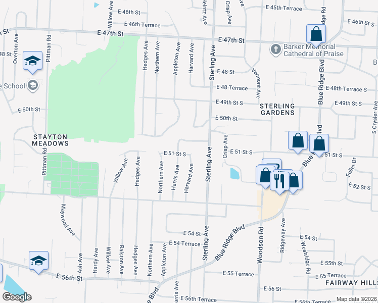 map of restaurants, bars, coffee shops, grocery stores, and more near 11001 East 50th Terrace in Kansas City