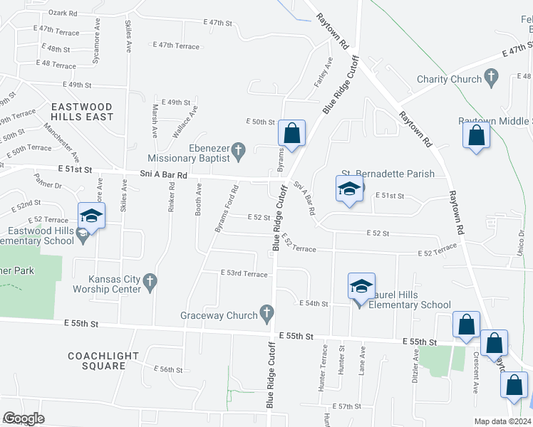 map of restaurants, bars, coffee shops, grocery stores, and more near 8726 East 52nd Street in Kansas City