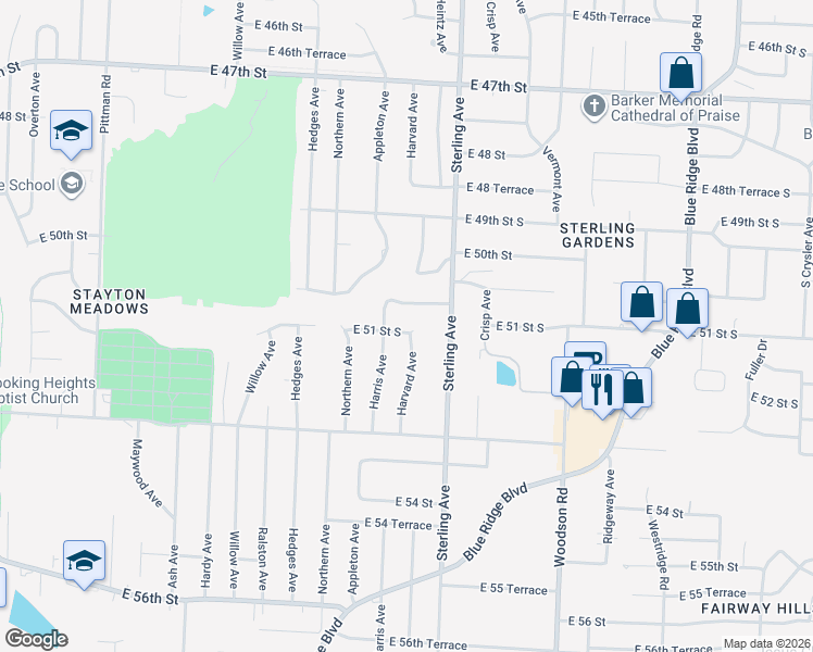 map of restaurants, bars, coffee shops, grocery stores, and more near 11001 East 50th Terrace in Kansas City