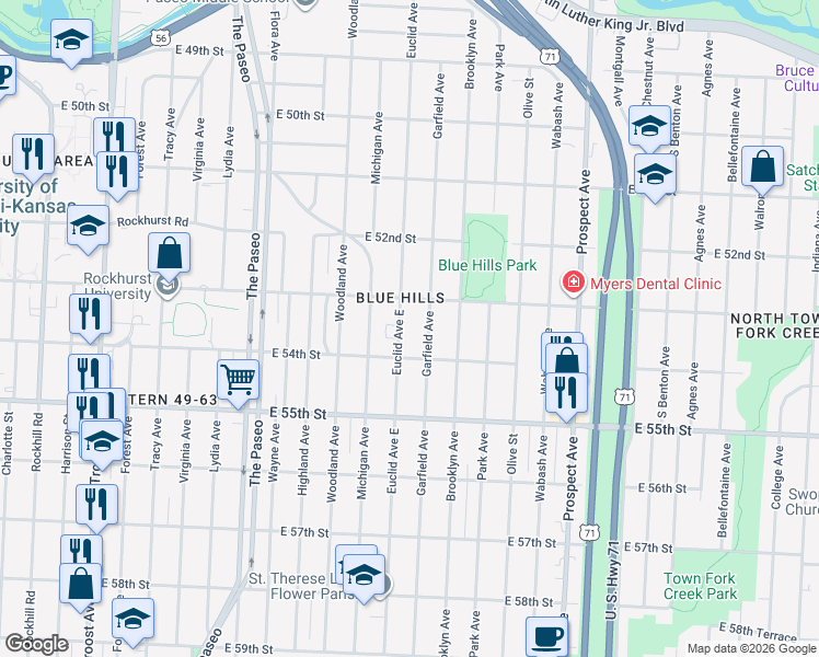 map of restaurants, bars, coffee shops, grocery stores, and more near in Kansas City