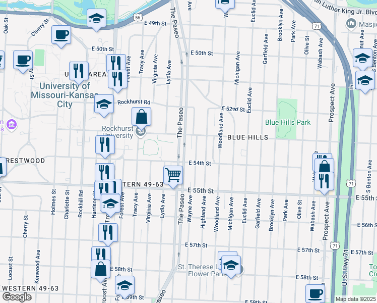 map of restaurants, bars, coffee shops, grocery stores, and more near 5316 The Paseo in Kansas City