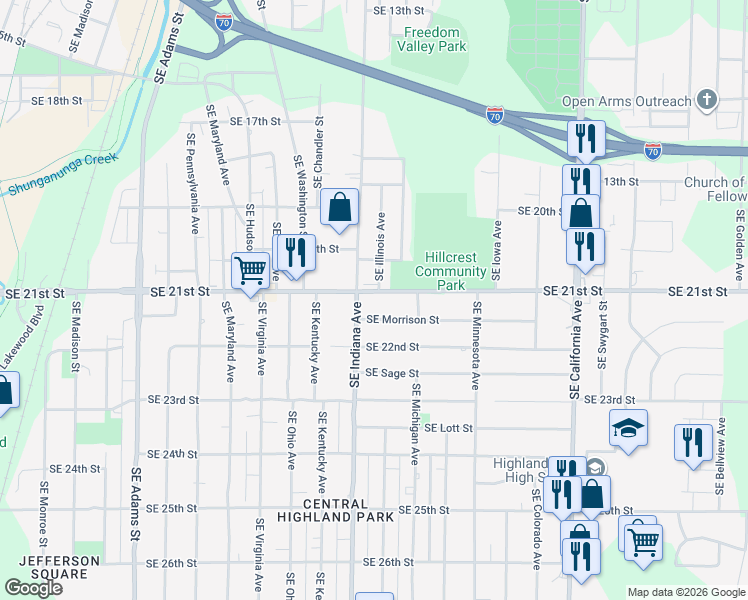map of restaurants, bars, coffee shops, grocery stores, and more near 2008 Southeast Illinois Avenue in Topeka