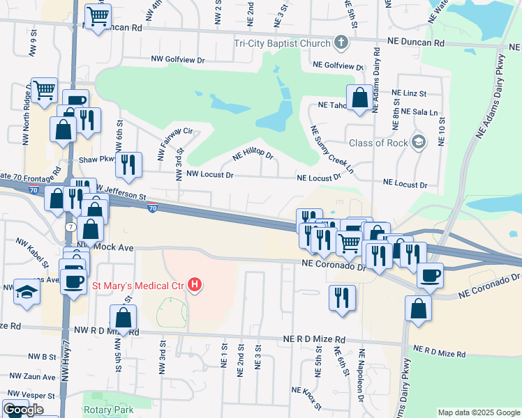map of restaurants, bars, coffee shops, grocery stores, and more near 218 Northeast Cedar Court in Blue Springs
