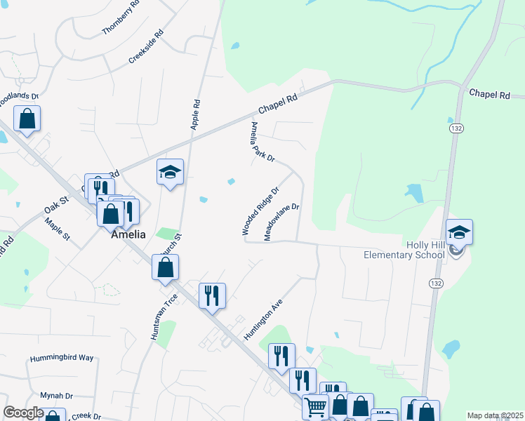 map of restaurants, bars, coffee shops, grocery stores, and more near 22 Wooded Ridge Drive in Amelia