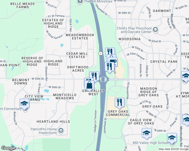 map of restaurants, bars, coffee shops, grocery stores, and more near 23200 West 55th Street in Shawnee