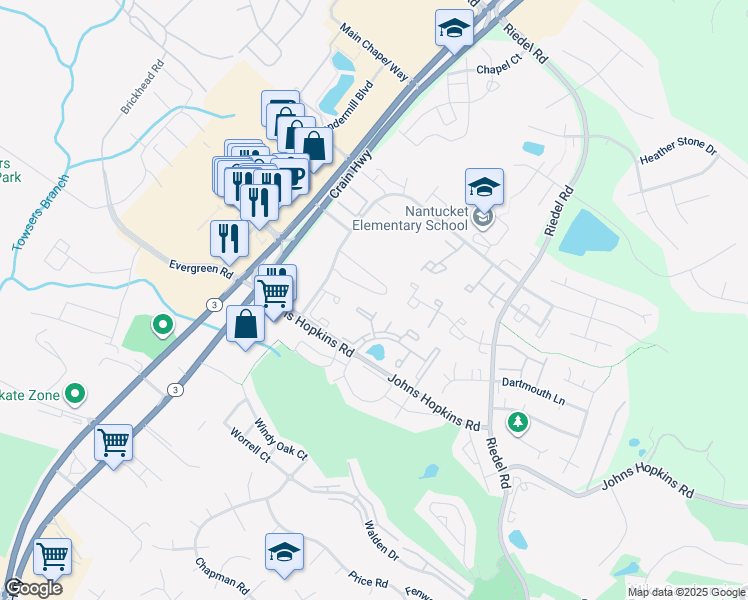 map of restaurants, bars, coffee shops, grocery stores, and more near 2030 Pawlet Drive in Crofton