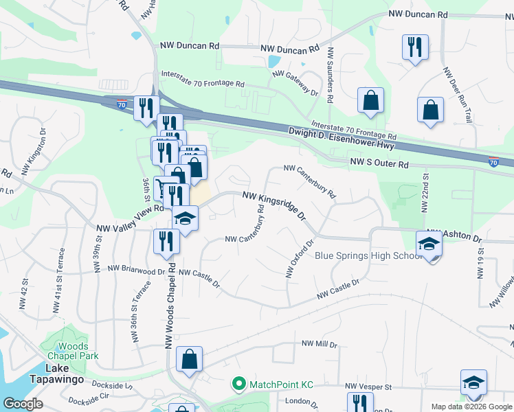 map of restaurants, bars, coffee shops, grocery stores, and more near 3011 Northwest Kingsridge Drive in Blue Springs
