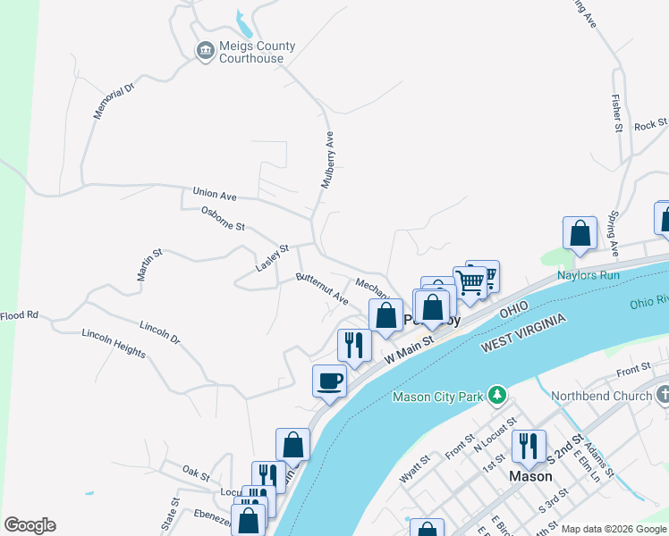 map of restaurants, bars, coffee shops, grocery stores, and more near 174 Mulberry Avenue in Pomeroy