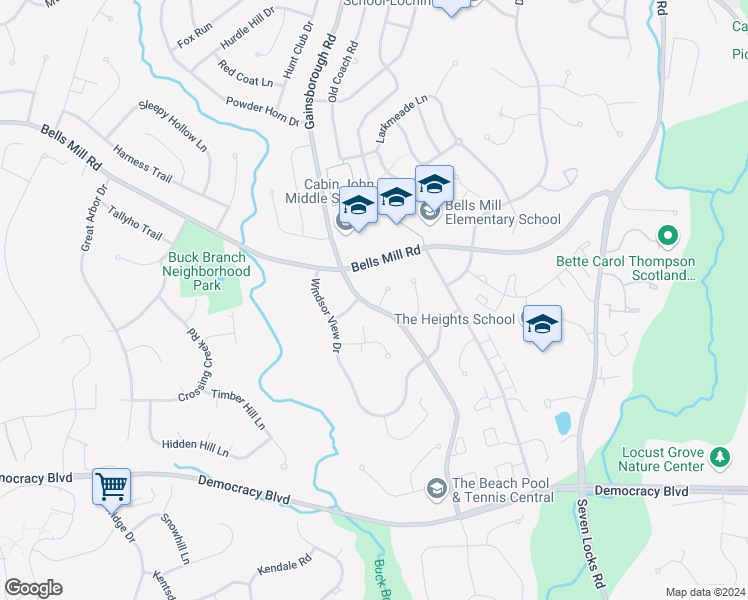 map of restaurants, bars, coffee shops, grocery stores, and more near 10601 Gainsborough Road in Potomac