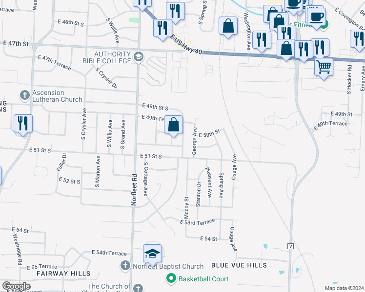 map of restaurants, bars, coffee shops, grocery stores, and more near 19301 East 50 Terrace South in Independence