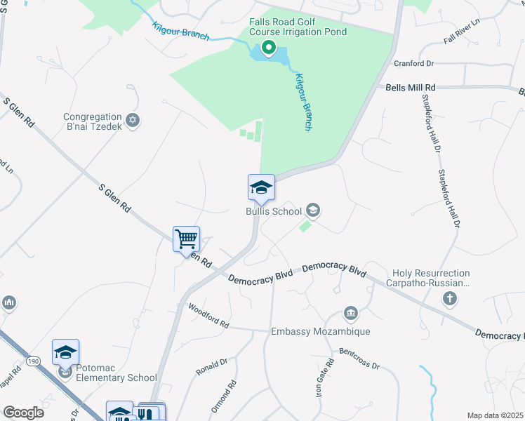 map of restaurants, bars, coffee shops, grocery stores, and more near 10601 Falls Road in Potomac