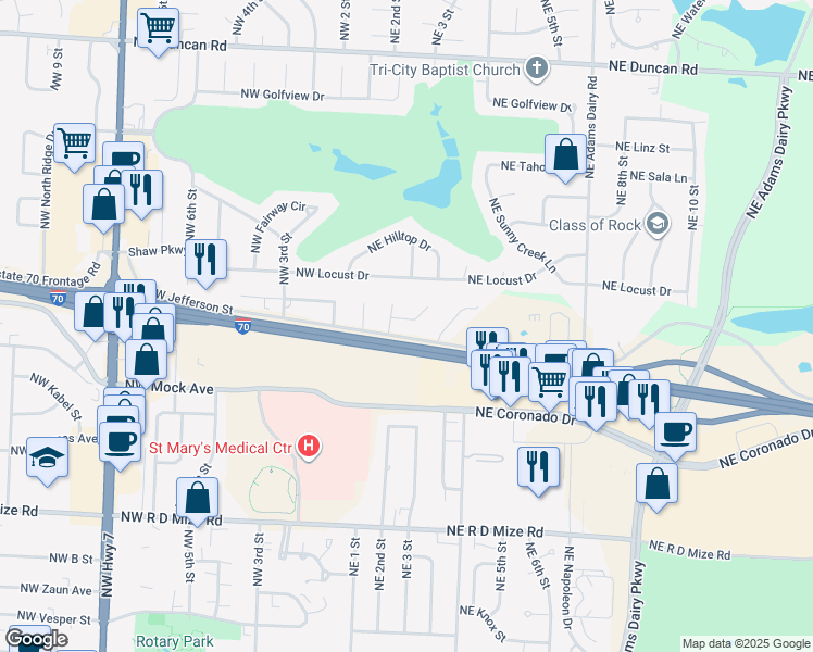 map of restaurants, bars, coffee shops, grocery stores, and more near 219 Northeast Cedar Court in Blue Springs