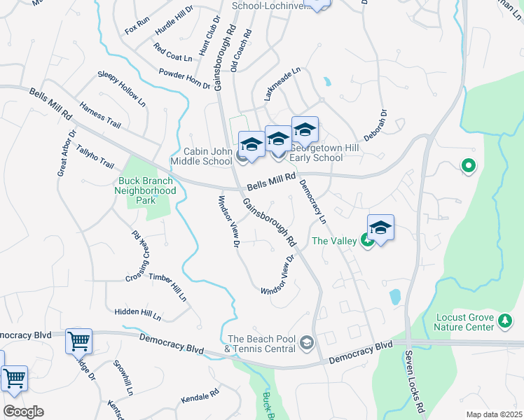 map of restaurants, bars, coffee shops, grocery stores, and more near 10601 Gainsborough Road in Potomac