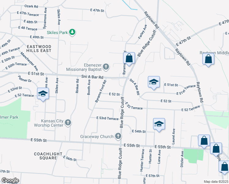 map of restaurants, bars, coffee shops, grocery stores, and more near 8705 Sni a Bar Road in Kansas City