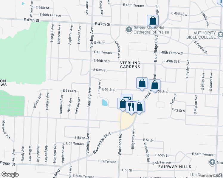 map of restaurants, bars, coffee shops, grocery stores, and more near 11404 East 51 Street South in Raytown